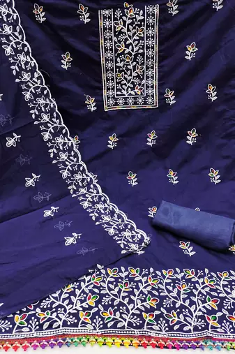 Blue embroidered cotton semi stitched churidar dress-materials