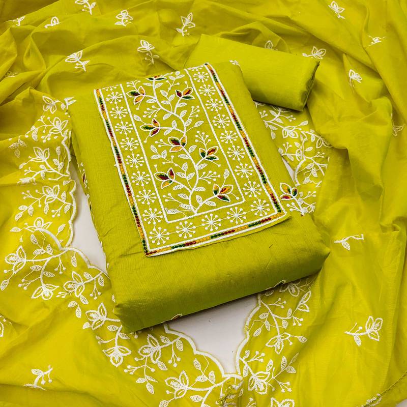Light-green embroidered cotton semi stitched churidar dress-materials