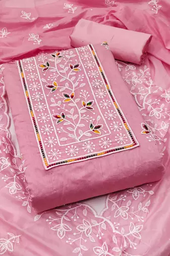 Pink embroidered cotton semi stitched churidar dress-materials
