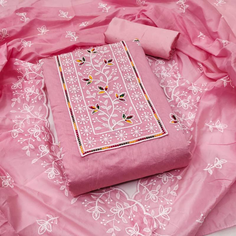 Pink embroidered cotton semi stitched churidar dress-materials