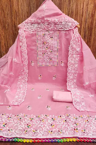 Pink embroidered cotton churidar dress-materials