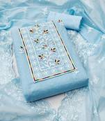 Sky-blue embroidered cotton semi stitched churidar dress-materials