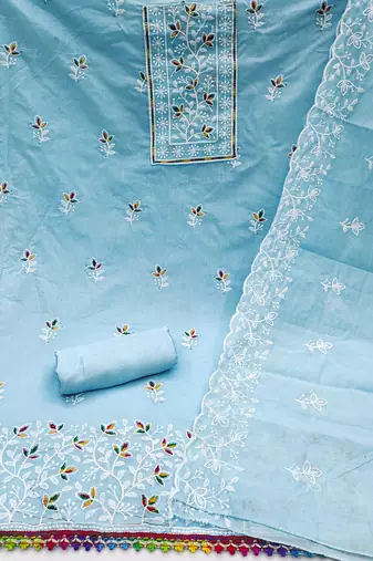 Sky-blue embroidered cotton churidar dress-materials