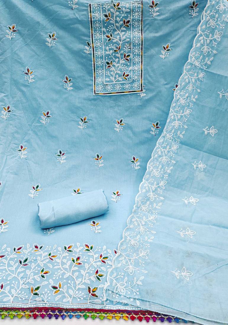 Sky-blue embroidered cotton semi stitched churidar dress-materials