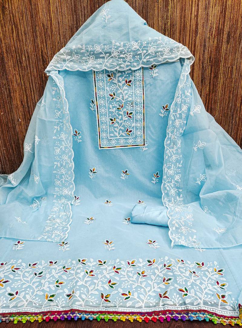 Sky-blue embroidered cotton semi stitched churidar dress-materials