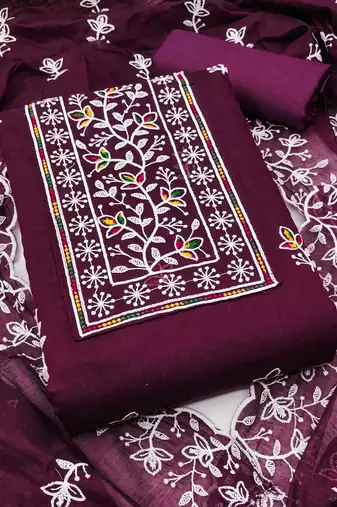 Violet embroidered cotton semi stitched churidar dress-materials
