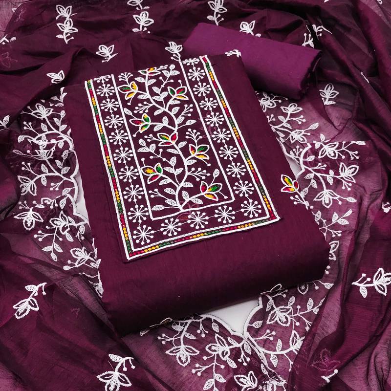 Violet embroidered cotton semi stitched churidar dress-materials