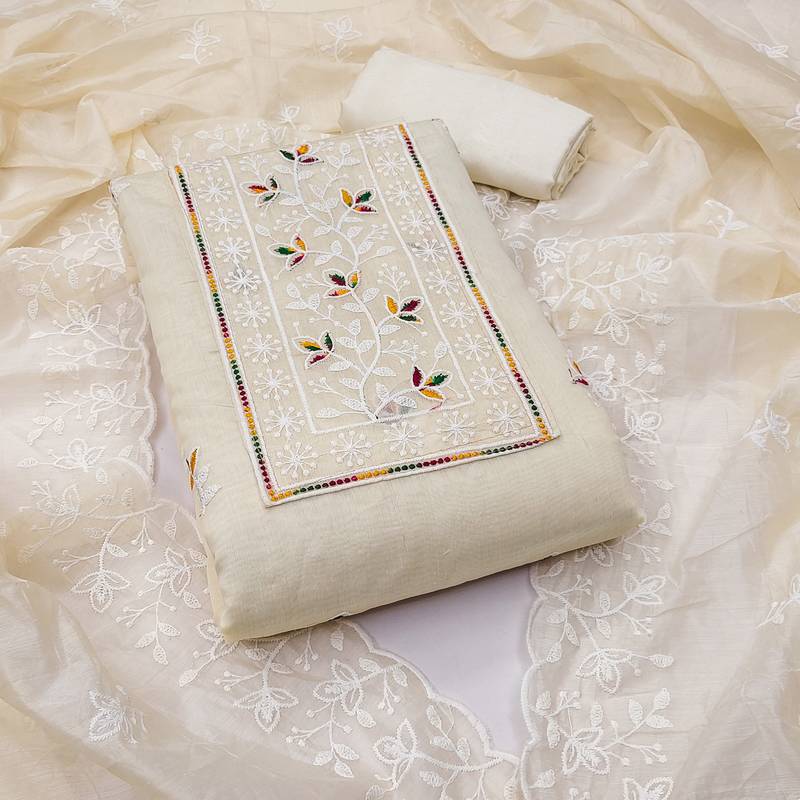 White embroidered cotton semi stitched churidar dress-materials