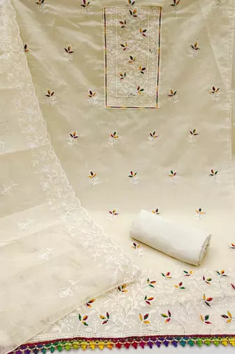 White embroidered cotton churidar dress-materials