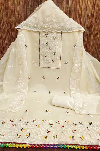 White embroidered cotton churidar dress-materials