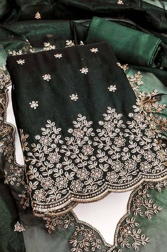 Green embroidered net semi stitched churidar dress-materials