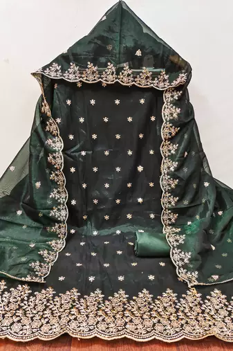 Green embroidered net churidar dress-materials