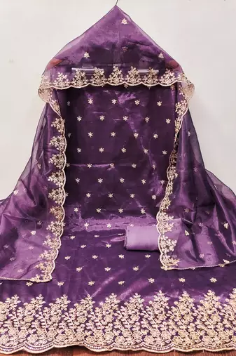 Purple embroidered net churidar dress-materials