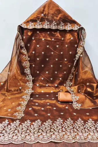 Orange embroidered net churidar dress-materials