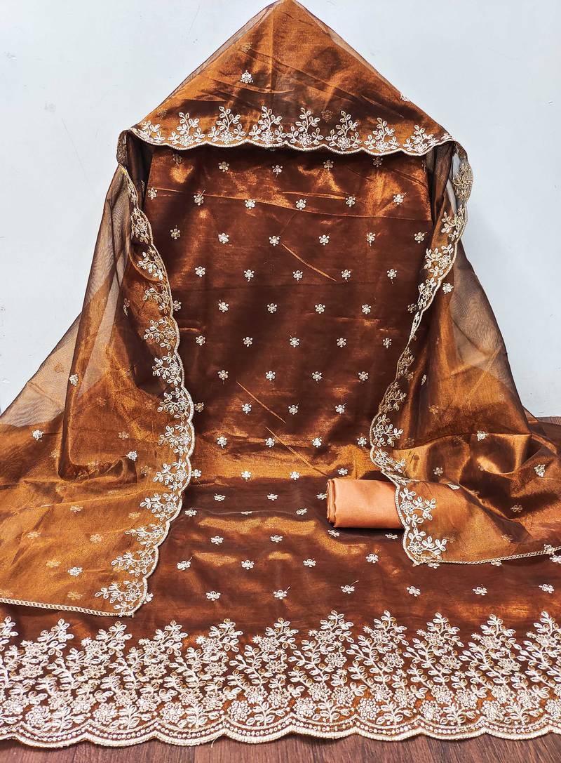 Orange embroidered net semi stitched churidar dress-materials