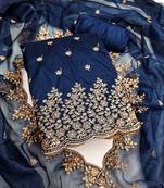 Teal-blue embroidered net semi stitched churidar dress-materials