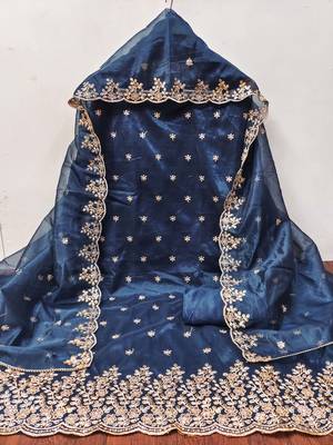 Teal-blue embroidered net churidar dress-materials 2