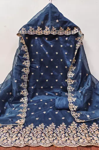Teal-blue embroidered net churidar dress-materials