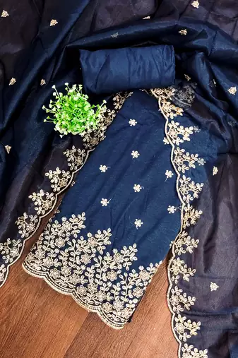 Teal-blue embroidered net churidar dress-materials