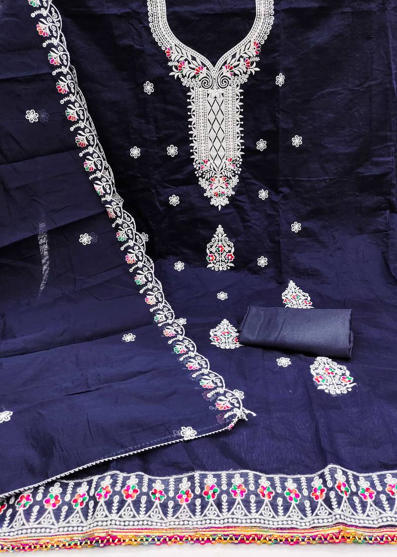 Blue embroidered cotton semi stitched churidar dress-materials