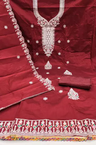 Maroon embroidered cotton churidar dress-materials