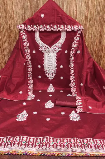 Maroon embroidered cotton churidar dress-materials