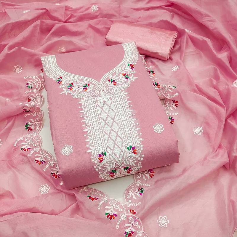 Pink embroidered cotton semi stitched churidar dress-materials