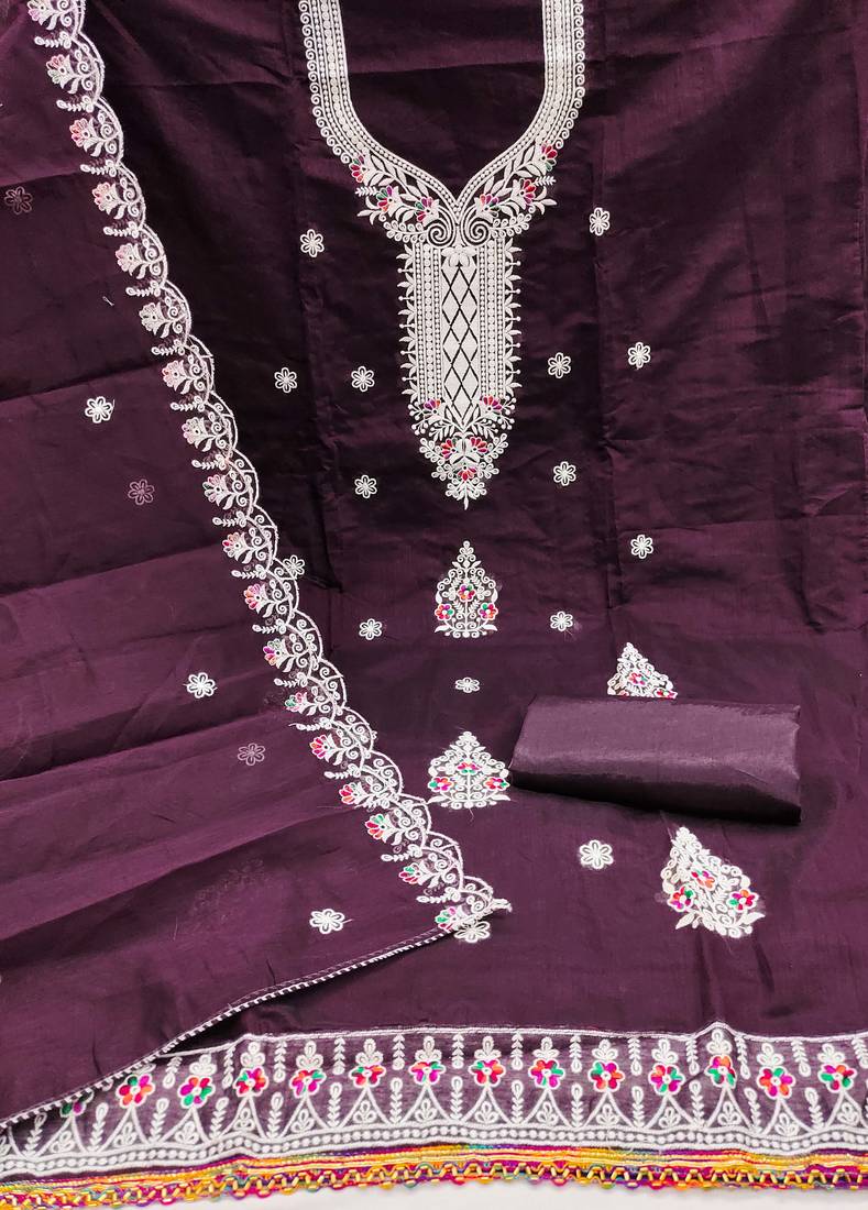 Purple embroidered cotton semi stitched churidar dress-materials