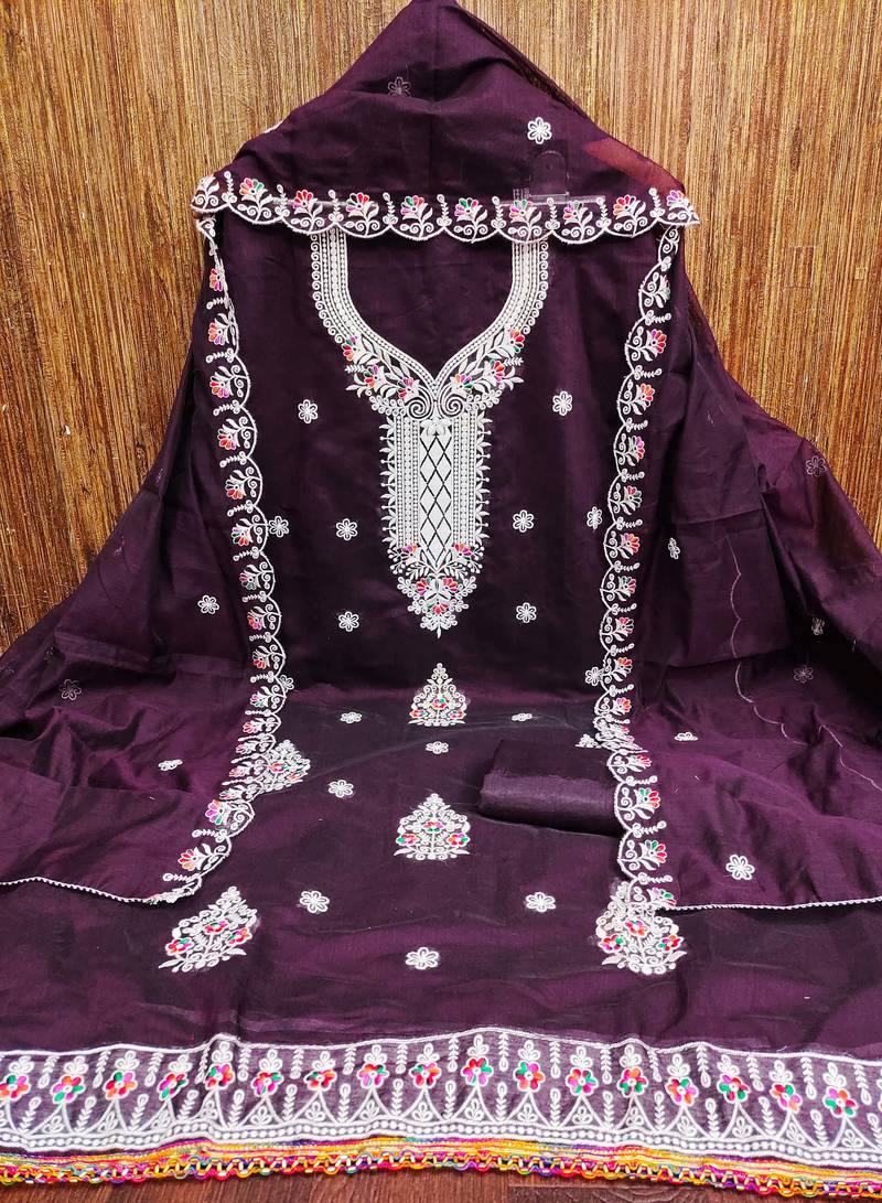 Purple embroidered cotton semi stitched churidar dress-materials