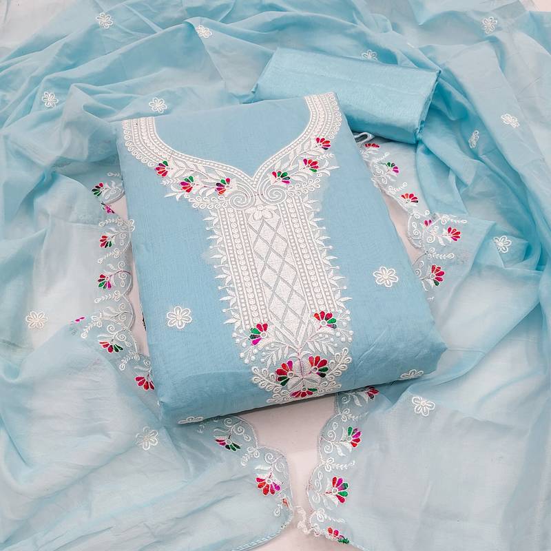 Sky-blue embroidered cotton semi stitched churidar dress-materials