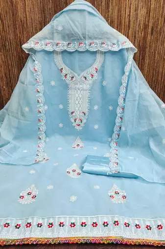 Sky-blue embroidered cotton churidar dress-materials
