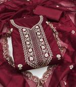 Maroon embroidered net semi stitched churidar dress-materials