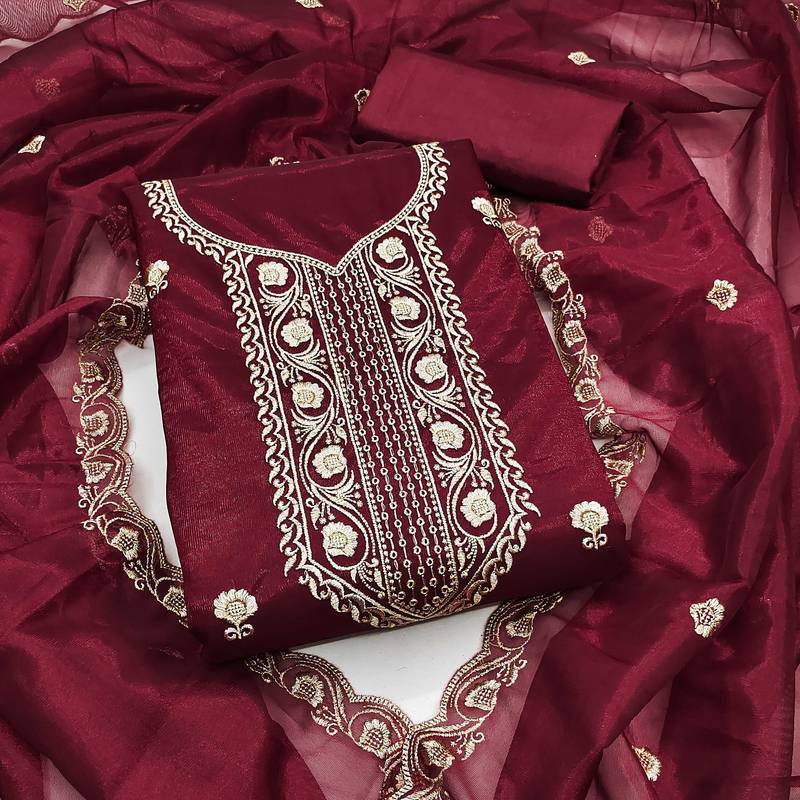 Maroon embroidered net semi stitched churidar dress-materials