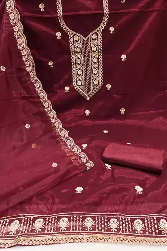 Maroon embroidered net churidar dress-materials