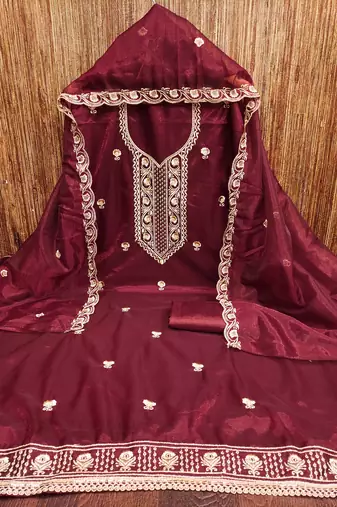 Maroon embroidered net churidar dress-materials