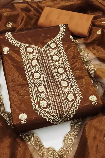 Mustard embroidered net semi stitched churidar dress-materials