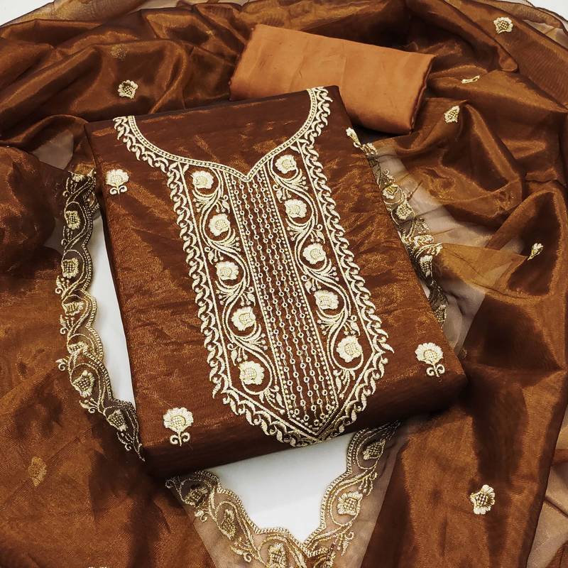 Mustard embroidered net semi stitched churidar dress-materials