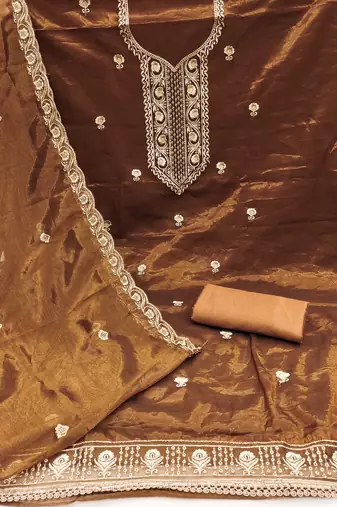 Mustard embroidered net churidar dress-materials