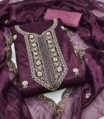 Purple embroidered net semi stitched churidar dress-materials