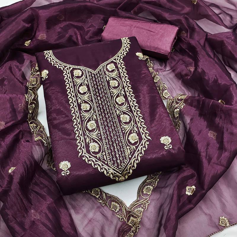 Purple embroidered net semi stitched churidar dress-materials