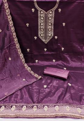 Purple embroidered net churidar dress-materials 2