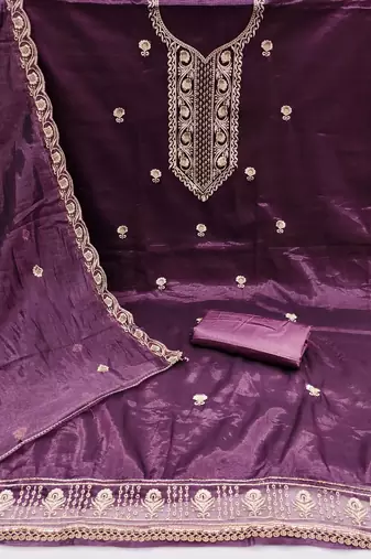 Purple embroidered net churidar dress-materials
