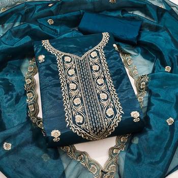 Teal-blue embroidered net churidar dress-materials 1