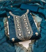 Teal-blue embroidered net semi stitched churidar dress-materials