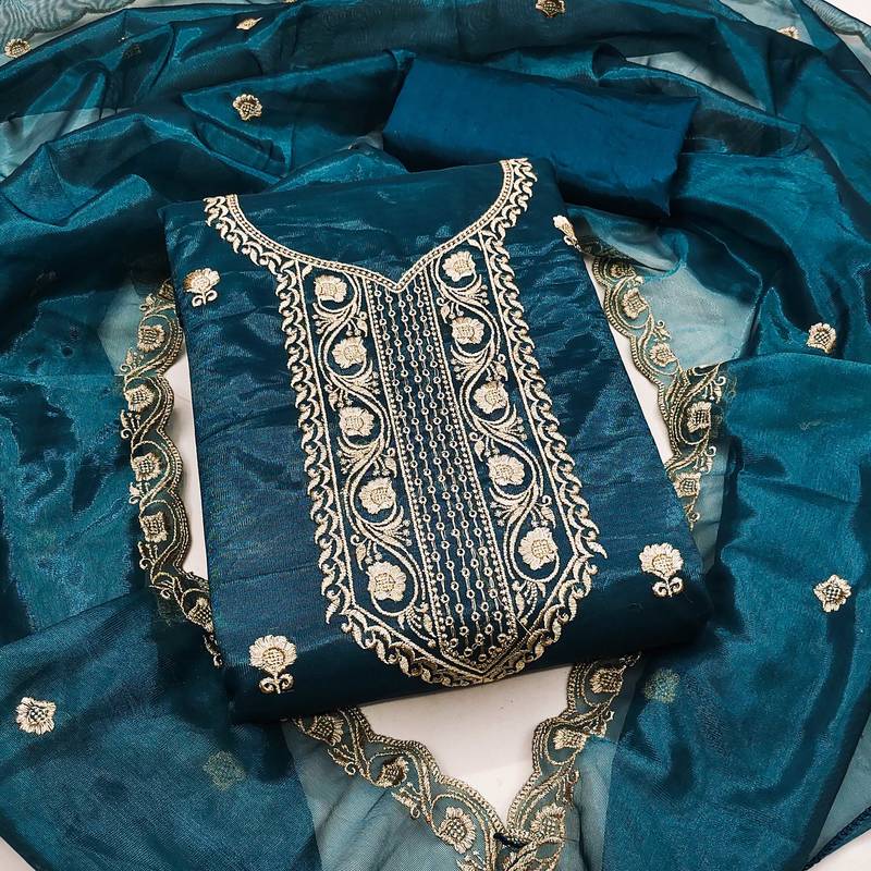 Teal-blue embroidered net semi stitched churidar dress-materials