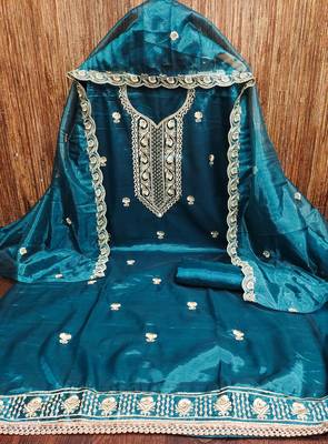 Teal-blue embroidered net churidar dress-materials 3