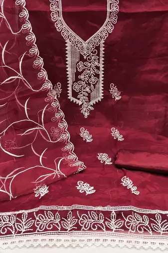 Maroon embroidered organza churidar dress-materials