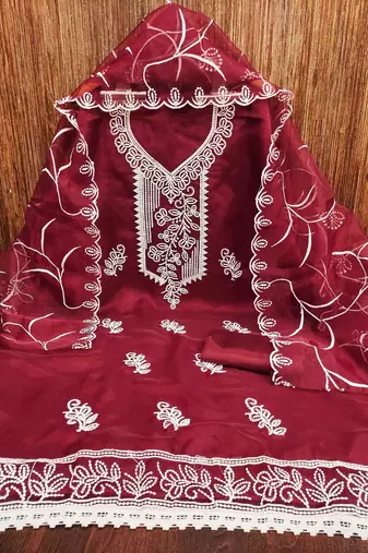 Maroon embroidered organza churidar dress-materials
