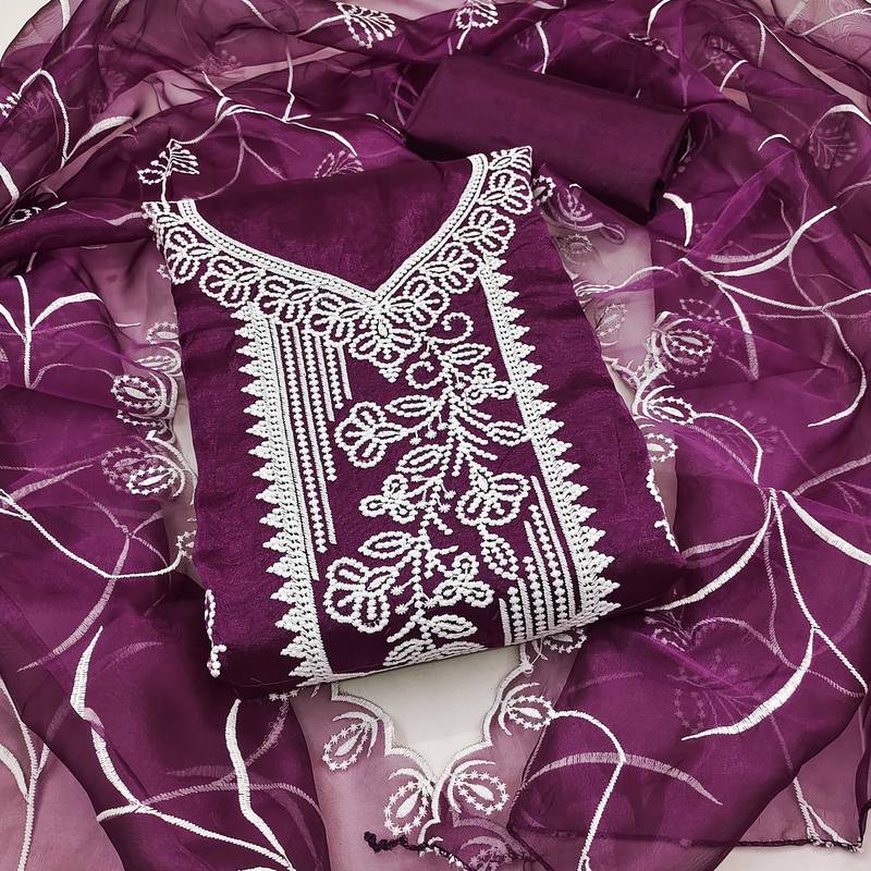 Purple embroidered organza semi stitched churidar dress-materials