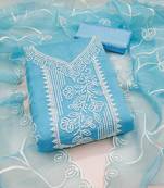 Sky-blue embroidered organza semi stitched churidar dress-materials